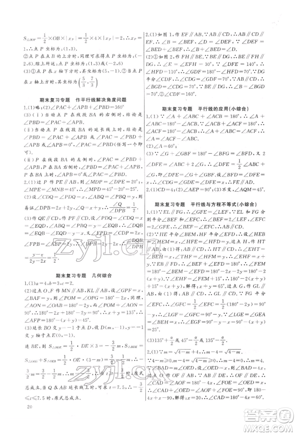 長(zhǎng)江少年兒童出版社2022思維新觀(guān)察培優(yōu)講練七年級(jí)下冊(cè)數(shù)學(xué)人教版參考答案