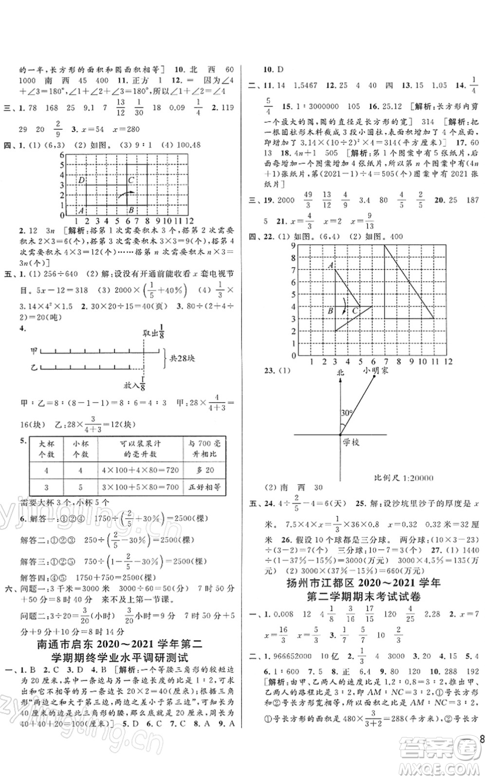 云南美術(shù)出版社2022同步跟蹤全程檢測六年級數(shù)學(xué)下冊蘇教版答案