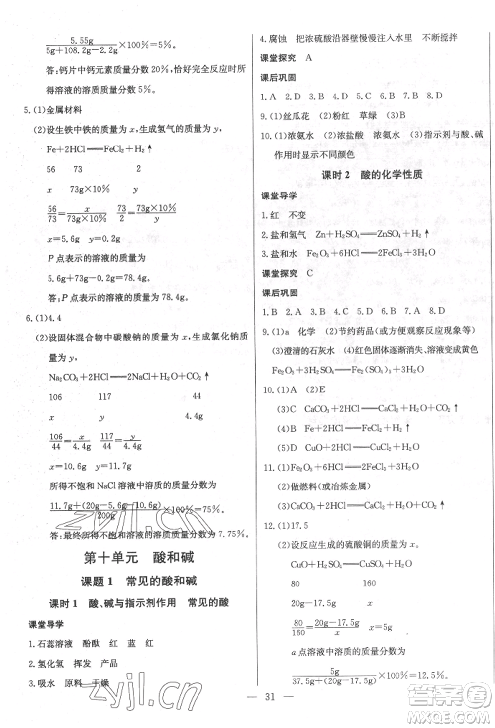 長江少年兒童出版社2022思維新觀察九年級化學(xué)下冊人教版參考答案