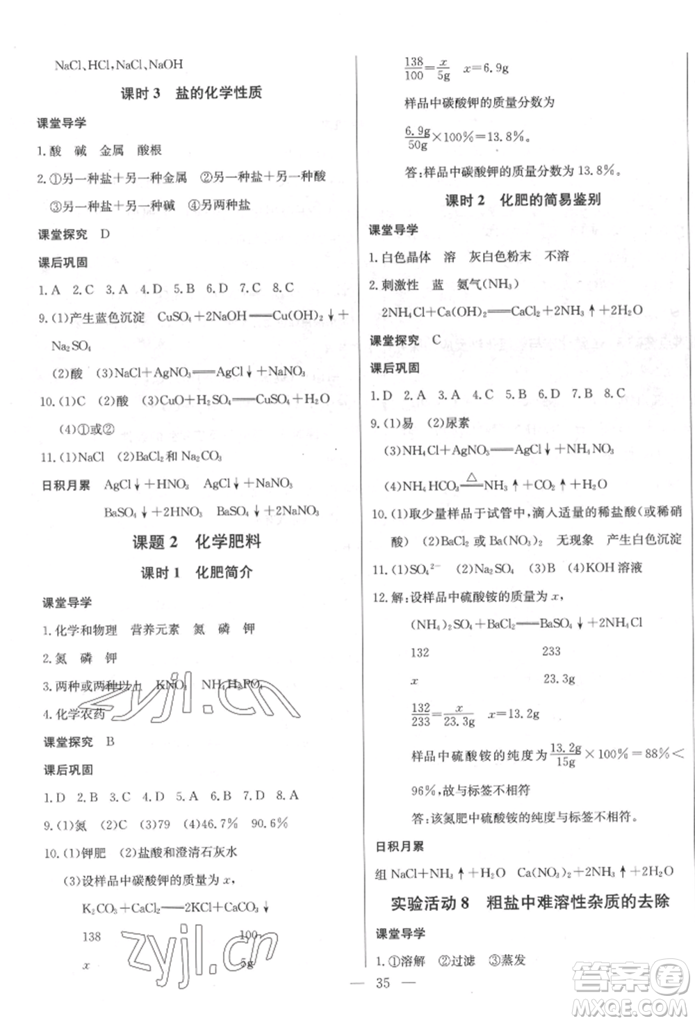 長江少年兒童出版社2022思維新觀察九年級化學(xué)下冊人教版參考答案