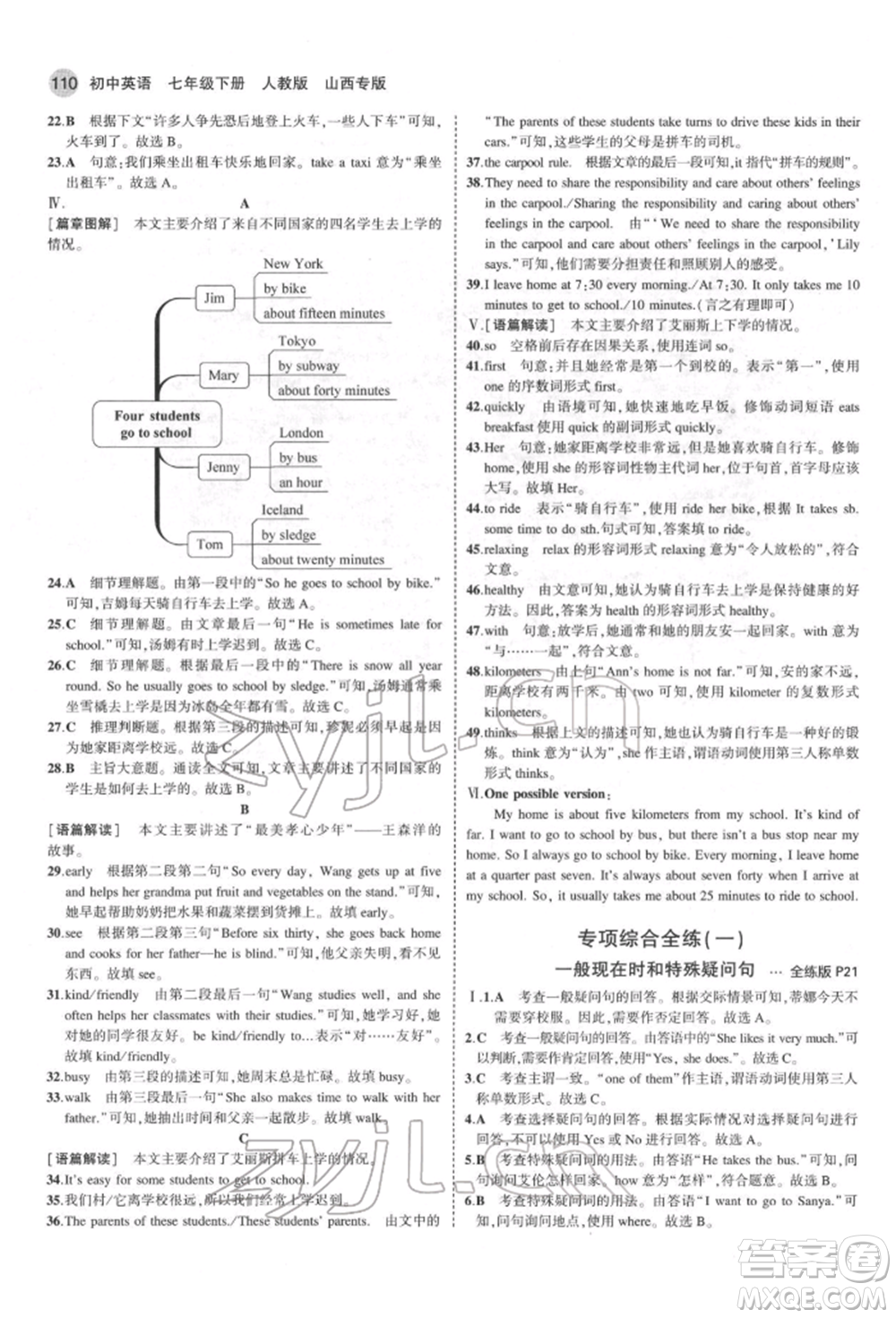 教育科學出版社2022年5年中考3年模擬七年級英語下冊人教版山西專版參考答案