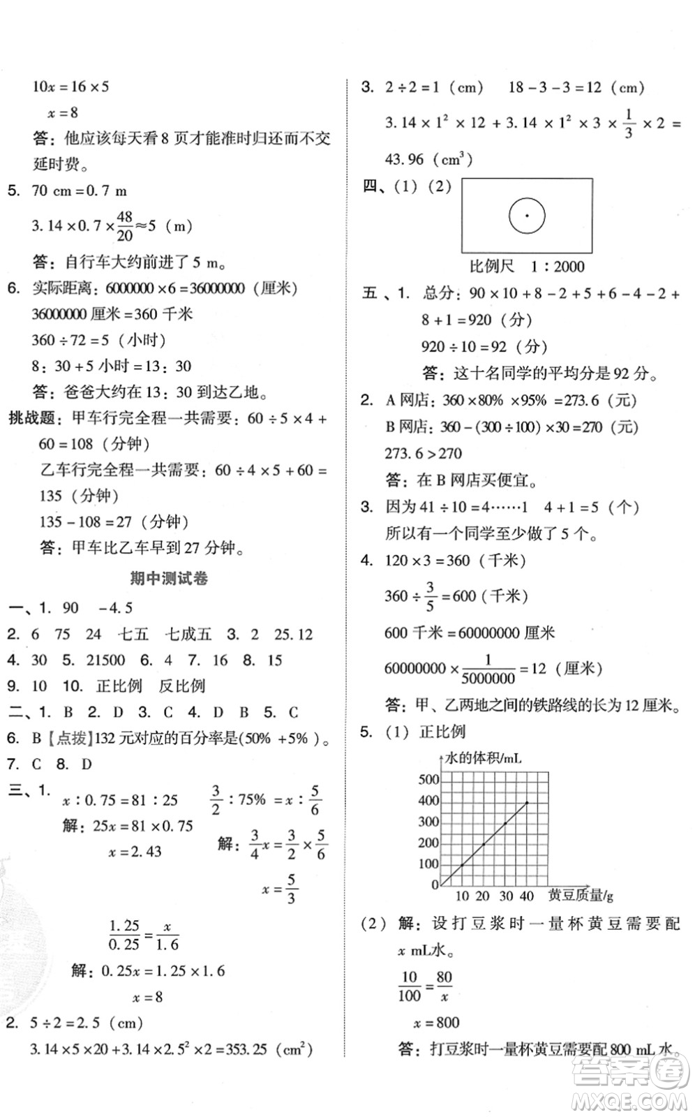 吉林教育出版社2022榮德基好卷六年級數(shù)學下冊R人教版答案
