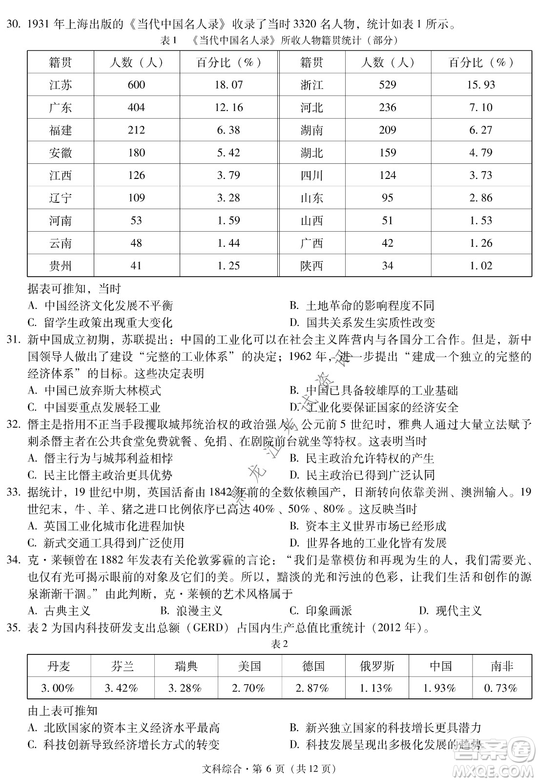 昆明一中、銀川一中高三聯(lián)合考試一模文科綜合試卷及答案