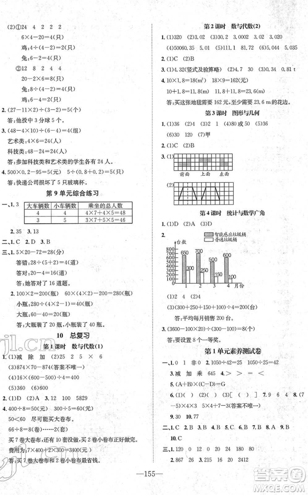 陽光出版社2022培優(yōu)作業(yè)本四年級(jí)數(shù)學(xué)下冊(cè)RJ人教版福建專版答案