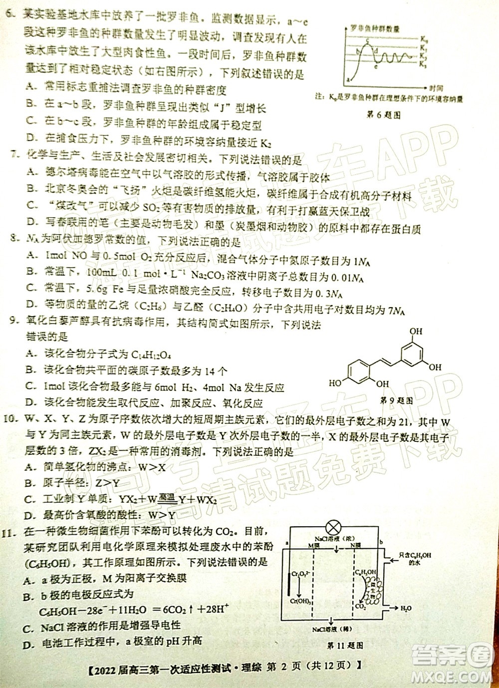 廣西2022屆高中畢業(yè)班第一次適應(yīng)性測試理科綜合試題及答案