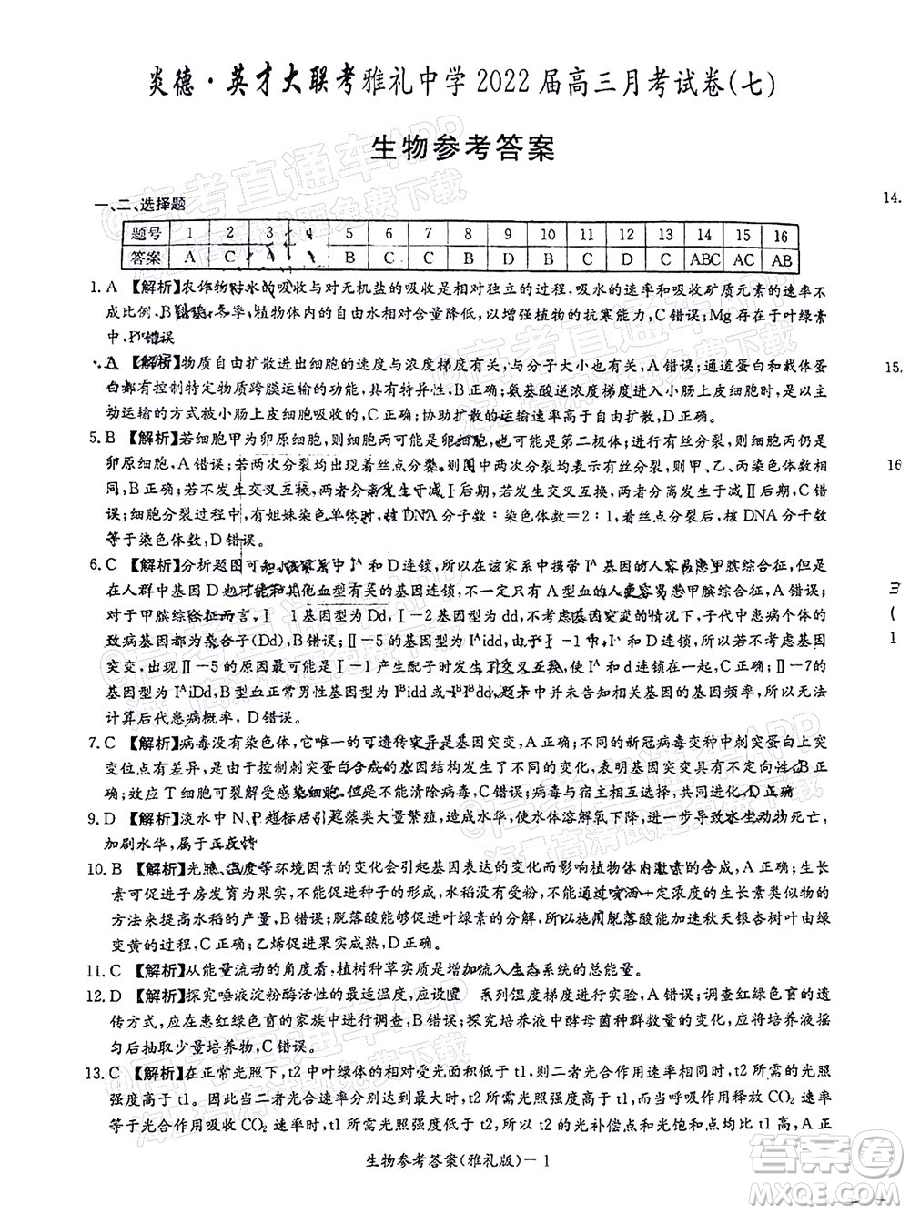 炎德英才大聯(lián)考雅禮中學(xué)2022屆高三月考試卷七生物試題及答案