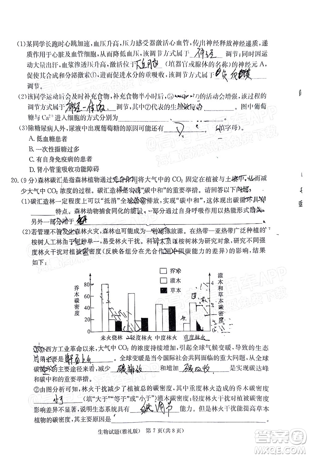 炎德英才大聯(lián)考雅禮中學(xué)2022屆高三月考試卷七生物試題及答案