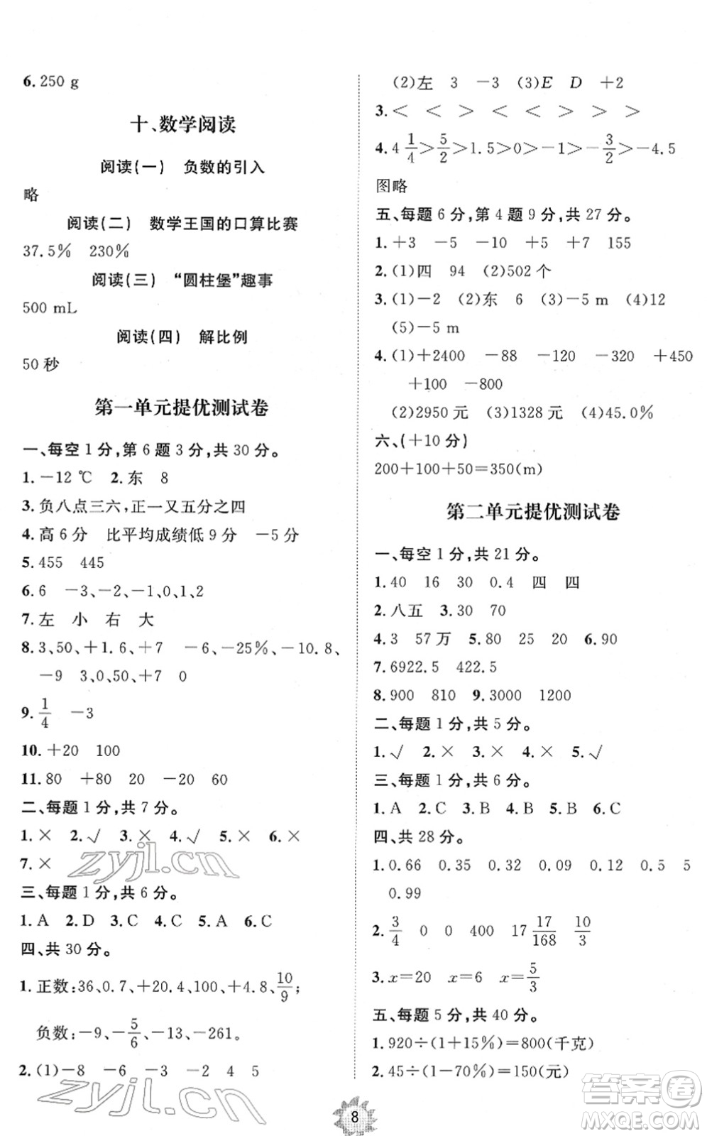 山東友誼出版社2022小學同步練習冊提優(yōu)測試卷六年級數(shù)學下冊人教版答案