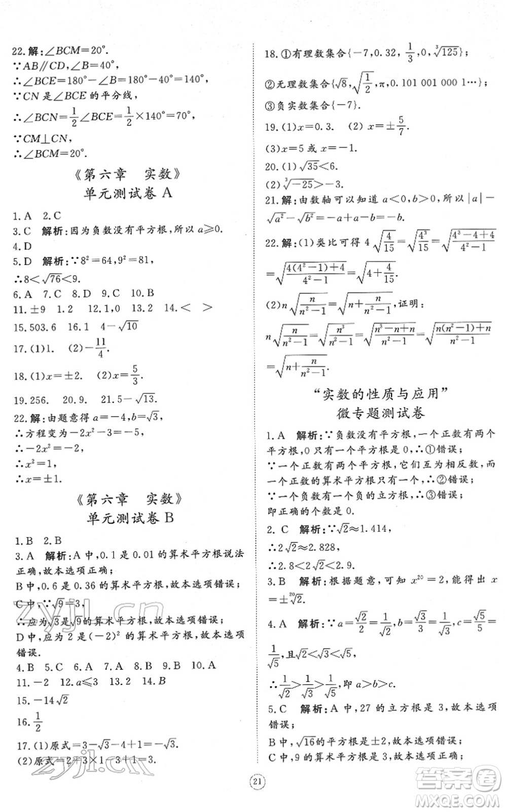 山東友誼出版社2022初中同步練習(xí)冊(cè)提優(yōu)測(cè)試卷七年級(jí)數(shù)學(xué)下冊(cè)人教版答案