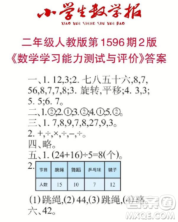 2022春小學生數(shù)學報二年級第1596期答案