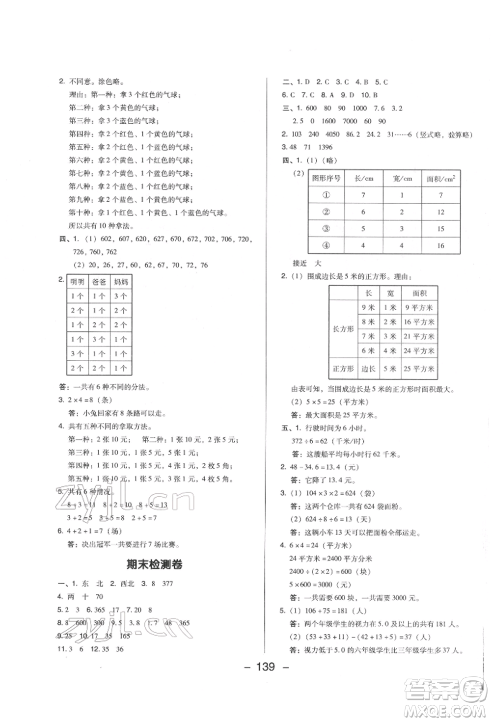 陜西人民教育出版社2022典中點綜合應(yīng)用創(chuàng)新題三年級數(shù)學(xué)下冊人教版福建專版參考答案