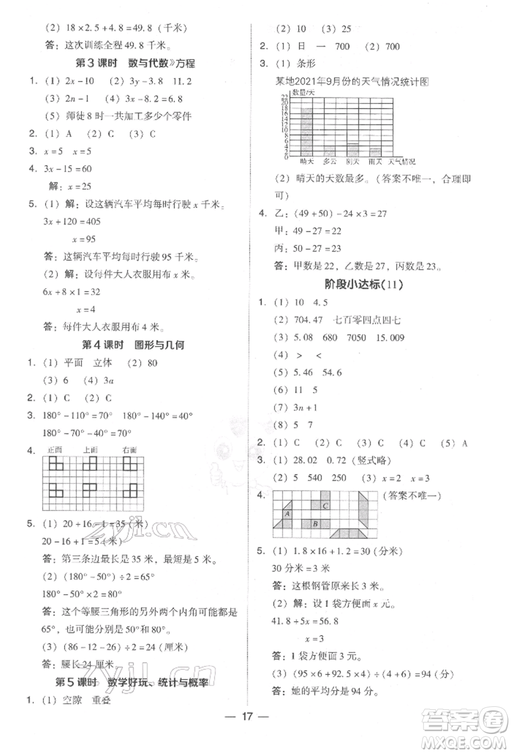 陜西人民教育出版社2022典中點綜合應用創(chuàng)新題四年級數(shù)學下冊北師大版參考答案