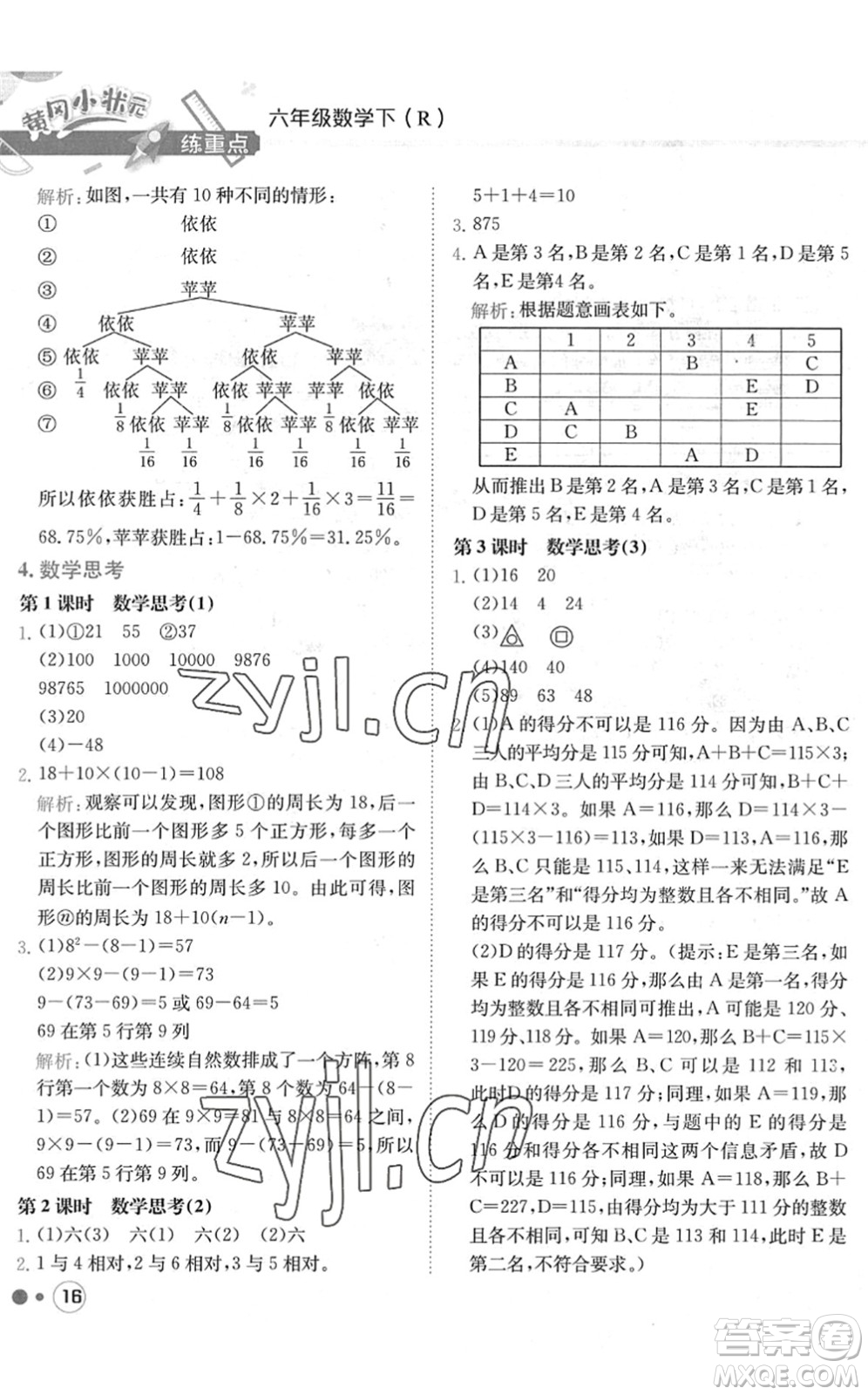 龍門書局2022黃岡小狀元練重點培優(yōu)同步作業(yè)六年級數(shù)學(xué)下冊R人教版答案