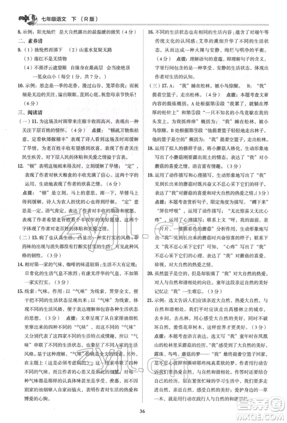 陜西人民教育出版社2022典中點(diǎn)綜合應(yīng)用創(chuàng)新題七年級(jí)語文下冊(cè)人教版參考答案