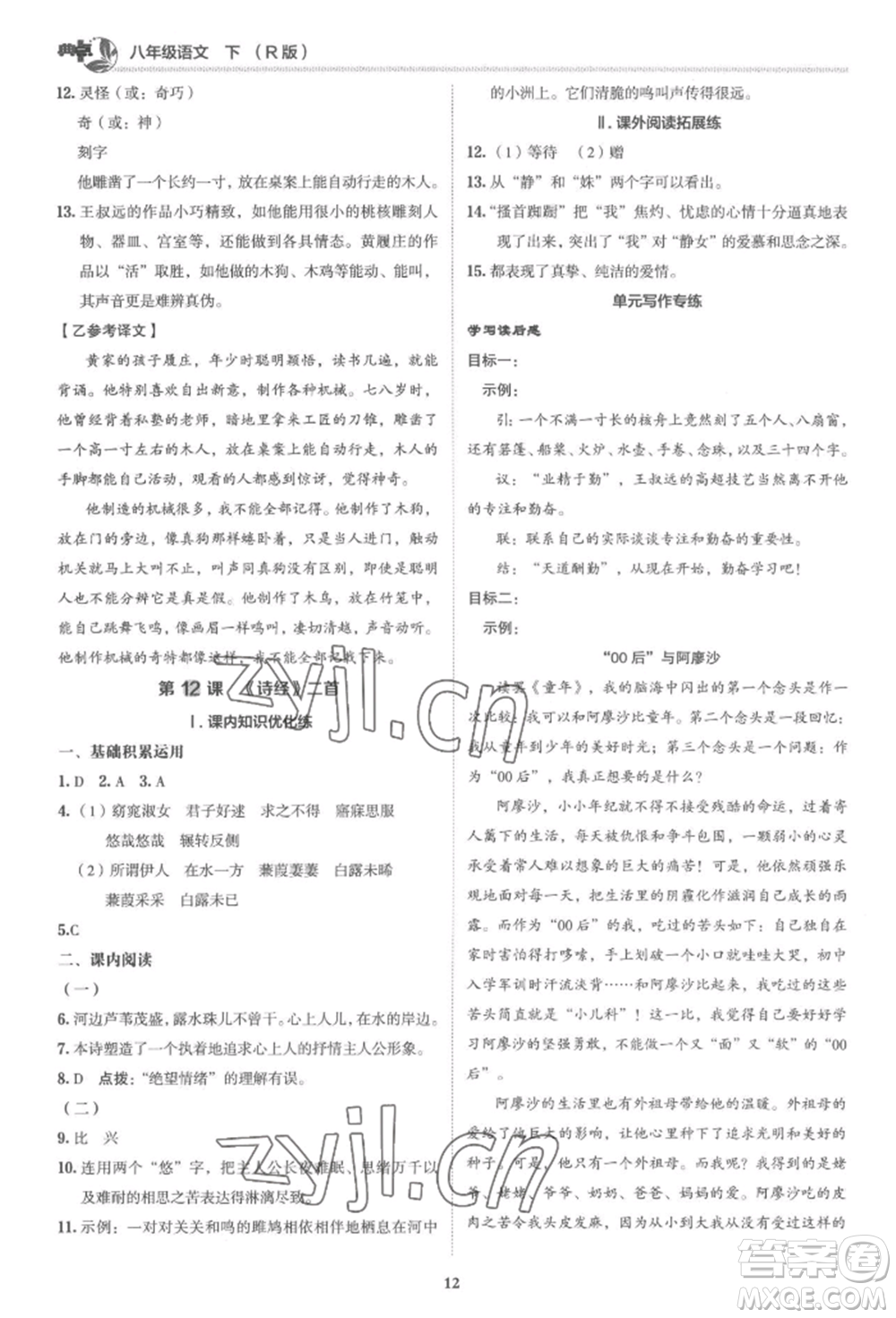陜西人民教育出版社2022典中點綜合應用創(chuàng)新題八年級語文下冊人教版參考答案