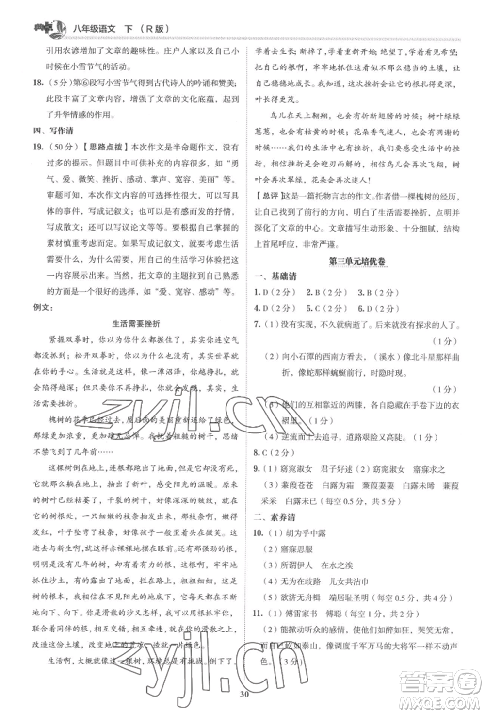陜西人民教育出版社2022典中點綜合應用創(chuàng)新題八年級語文下冊人教版參考答案