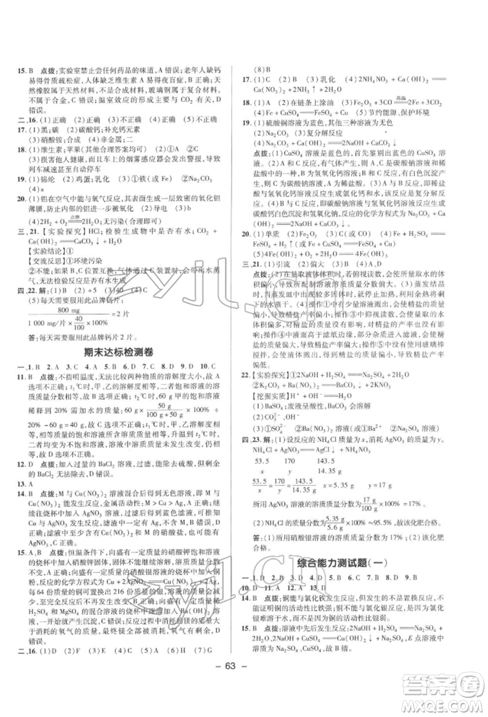陜西人民教育出版社2022典中點綜合應用創(chuàng)新題九年級化學下冊科粵版參考答案