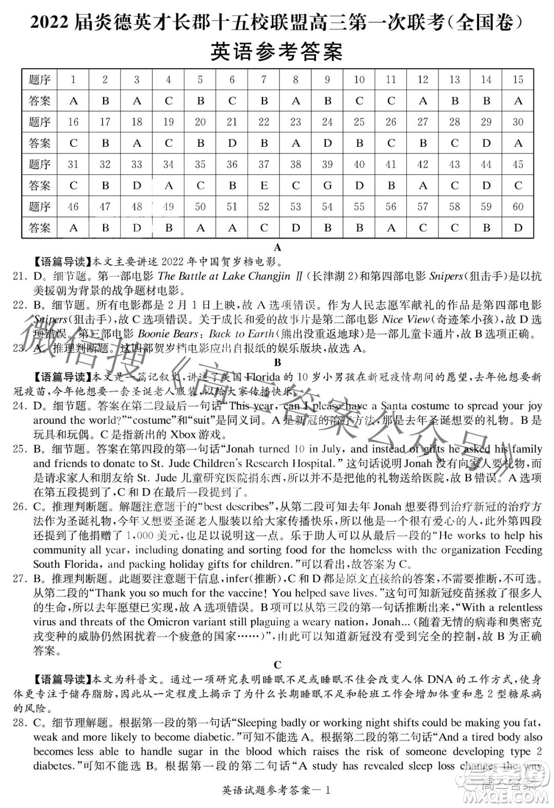 2022屆炎德英才長(zhǎng)郡十五校聯(lián)盟高三第一次聯(lián)考全國(guó)卷英語(yǔ)試題及答案