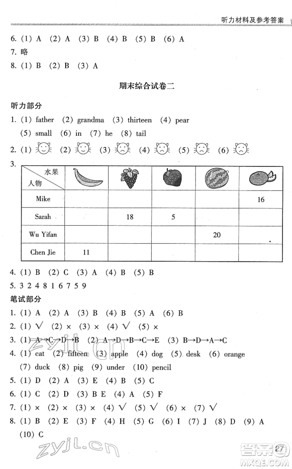 浙江少年兒童出版社2022同步課時特訓三年級英語下冊R人教版答案