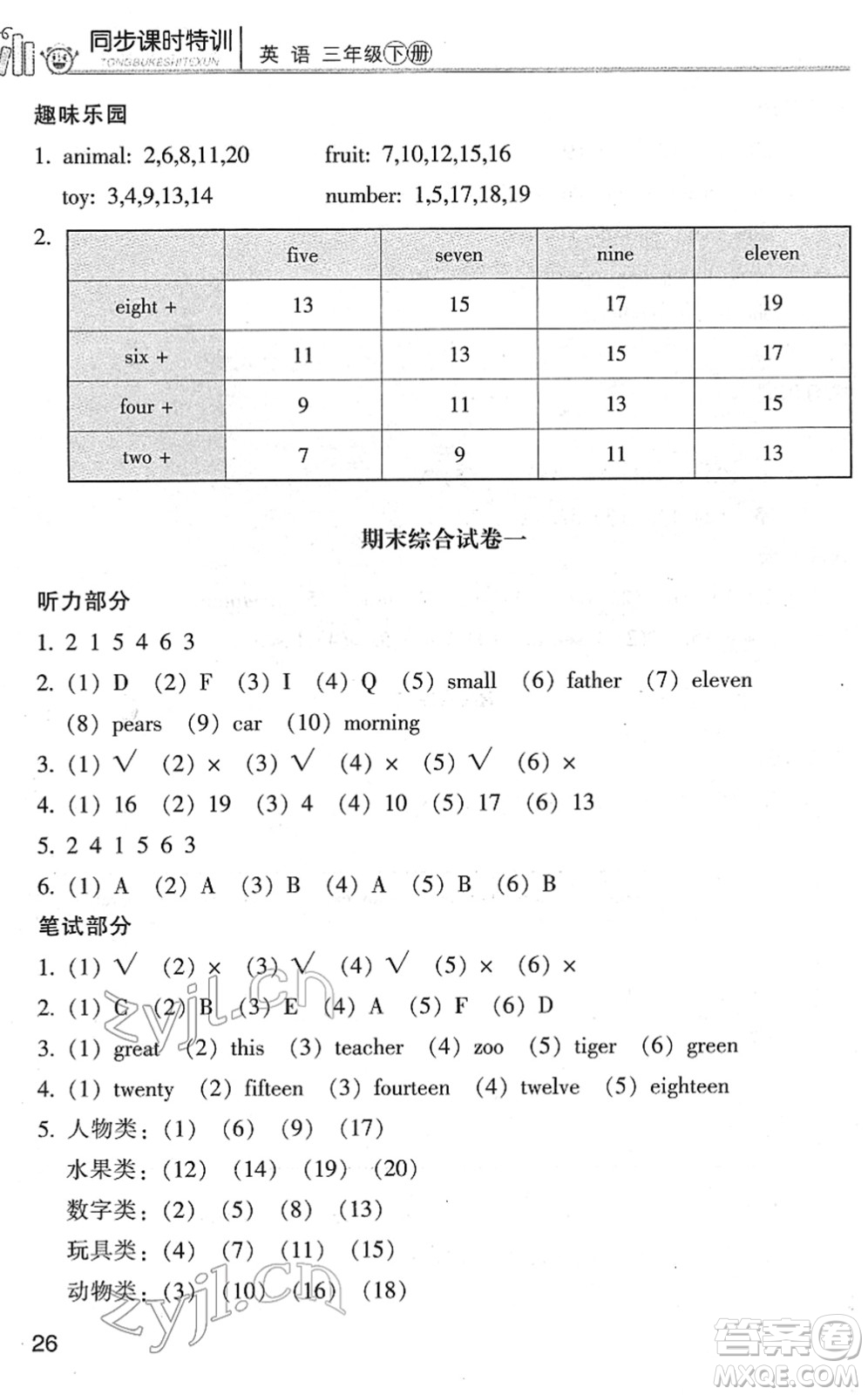 浙江少年兒童出版社2022同步課時特訓三年級英語下冊R人教版答案