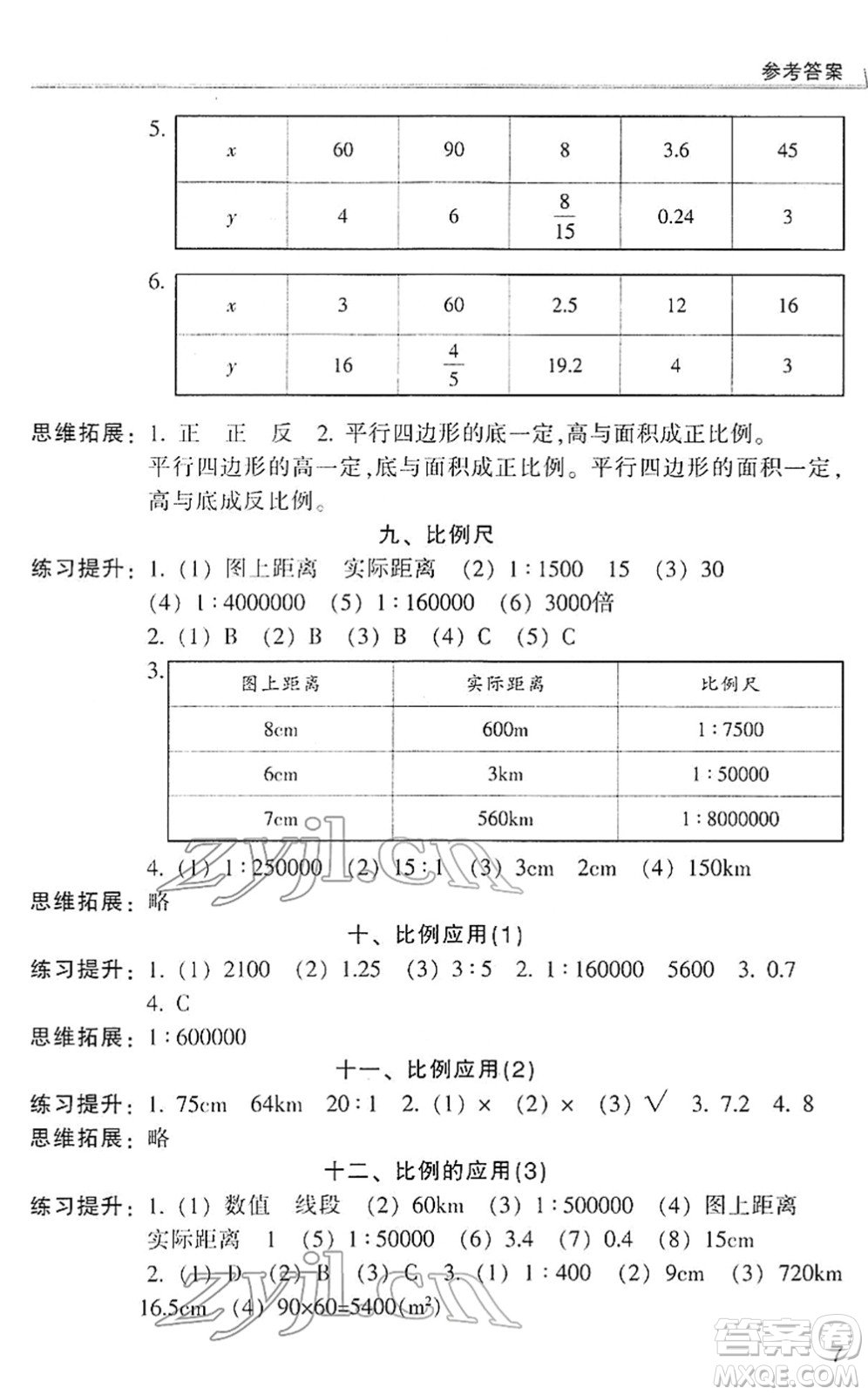 浙江少年兒童出版社2022同步課時特訓(xùn)六年級數(shù)學(xué)下冊R人教版答案