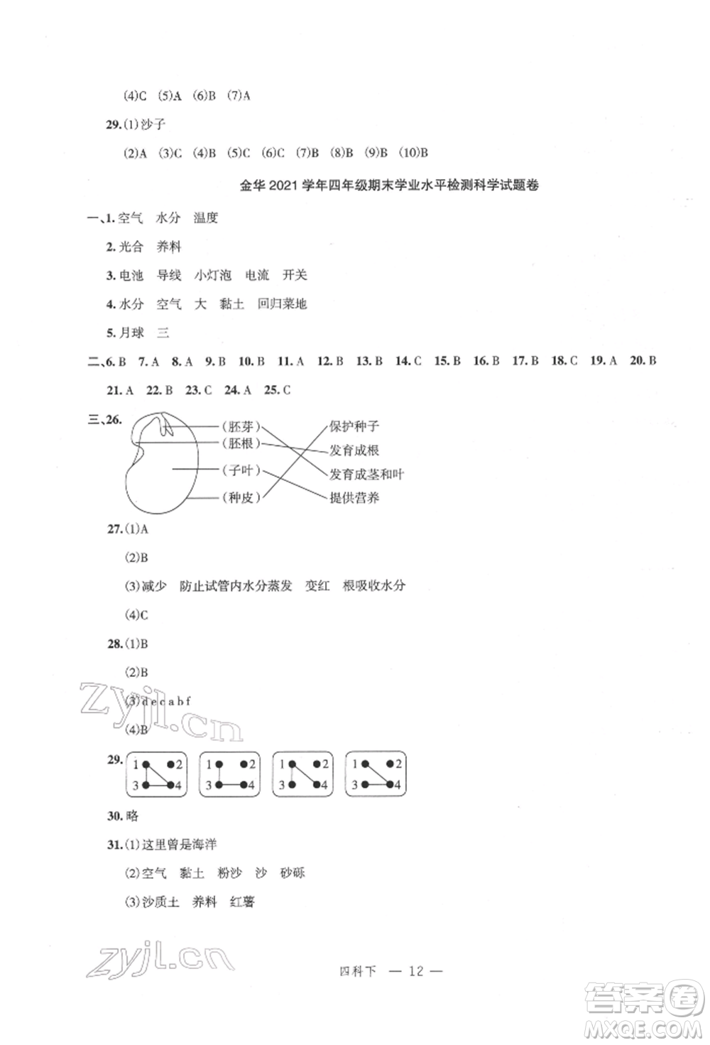 浙江工商大學(xué)出版社2022名師面對面先學(xué)后練四年級科學(xué)下冊教科版參考答案