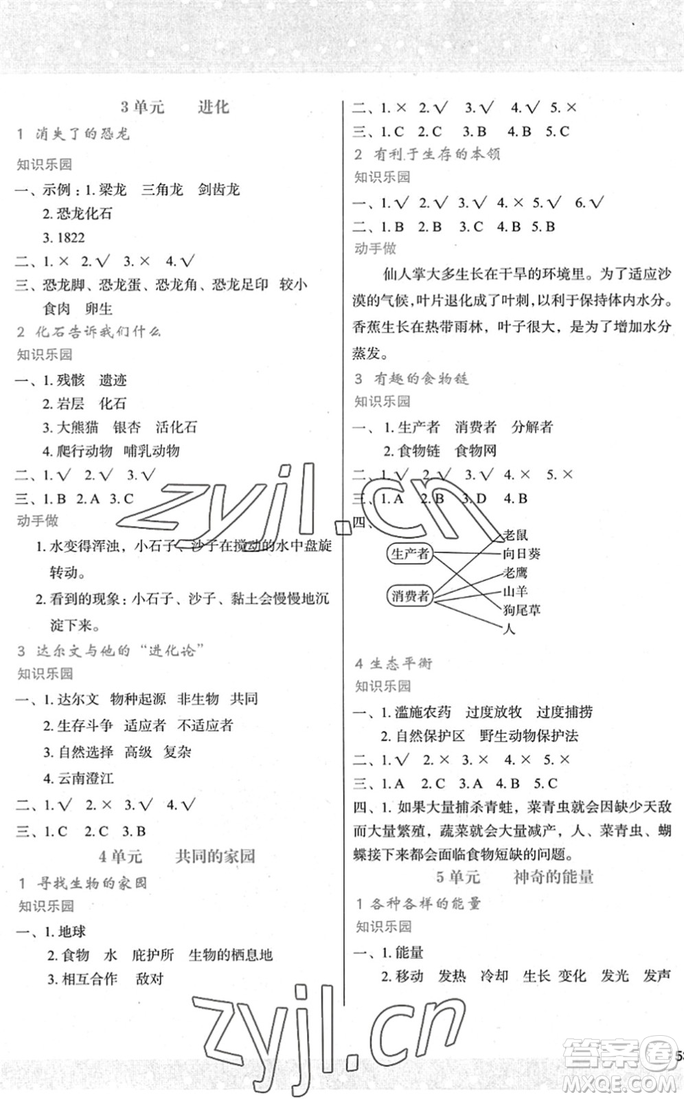 陜西人民教育出版社2022新課程學習與評價六年級科學下冊江蘇教育版答案