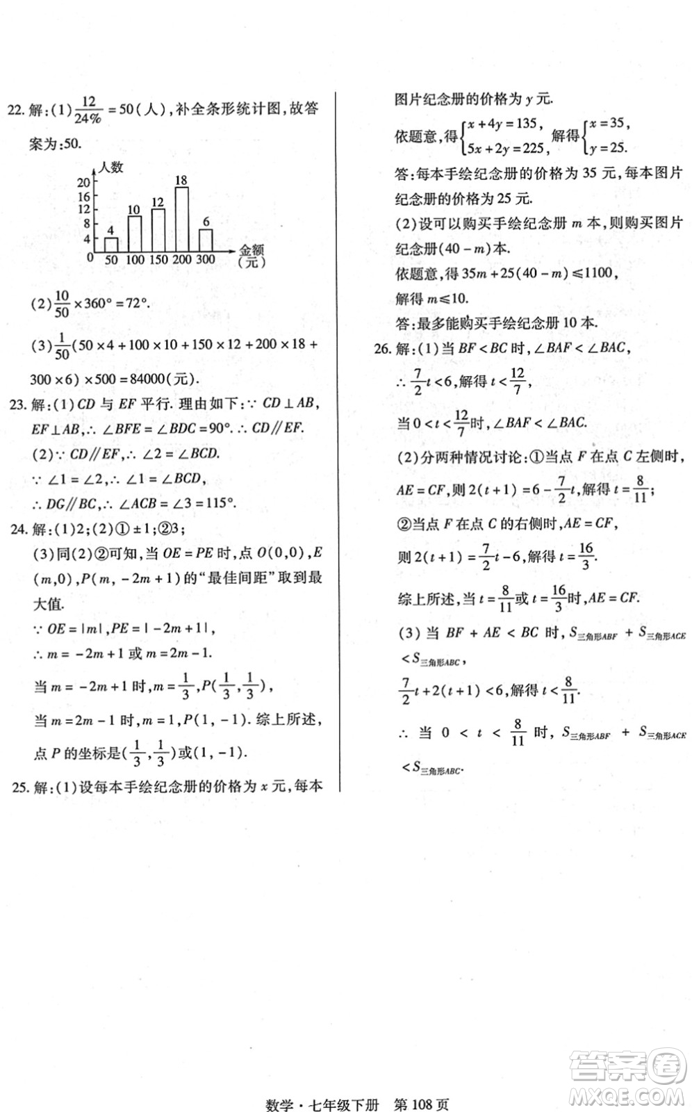 明天出版社2022初中同步練習冊自主測試卷七年級數(shù)學下冊人教版答案