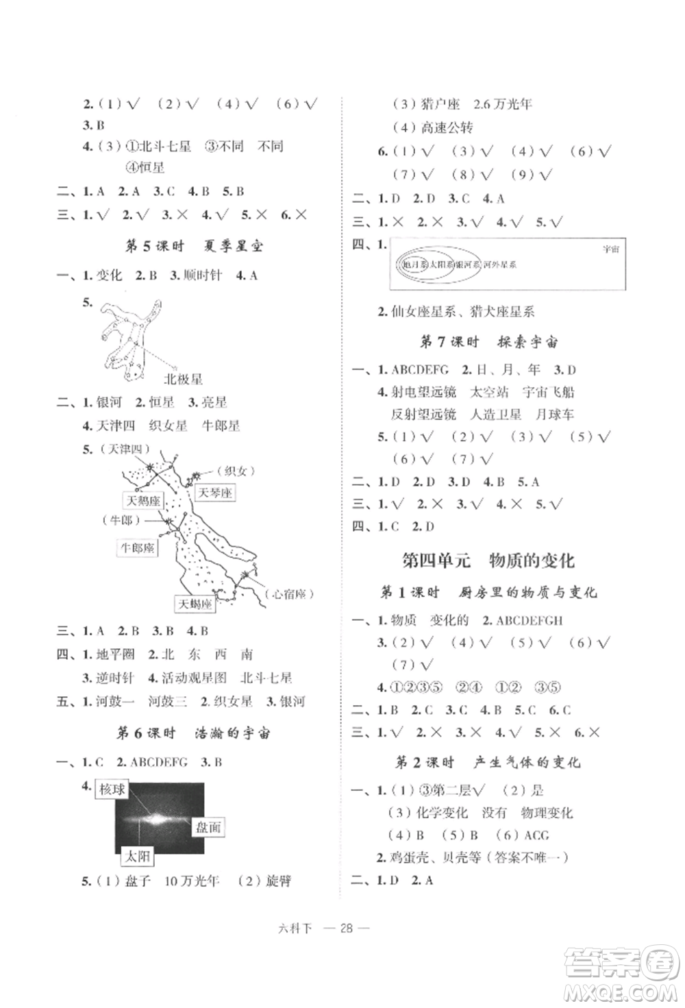 浙江工商大學(xué)出版社2022名師面對面先學(xué)后練六年級科學(xué)下冊教科版參考答案
