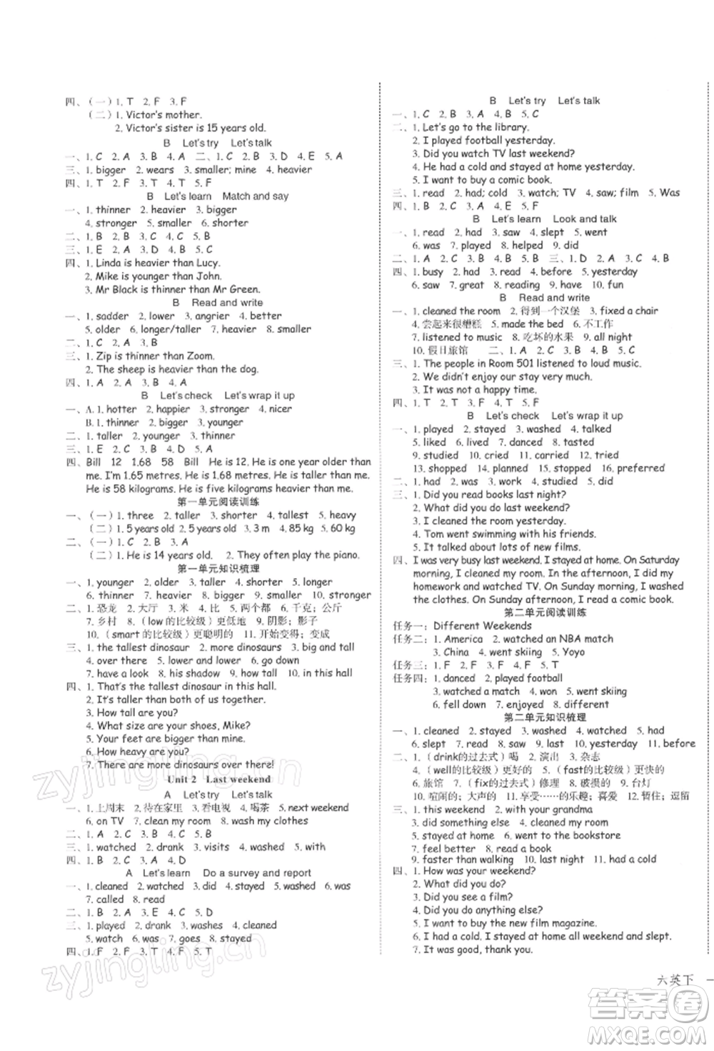 浙江工商大學(xué)出版社2022名師面對面先學(xué)后練六年級英語下冊人教版參考答案