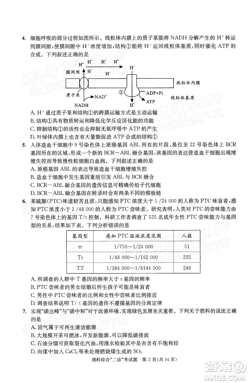成都市2019級高中畢業(yè)班第二次診斷性檢測理科綜合試題及答案