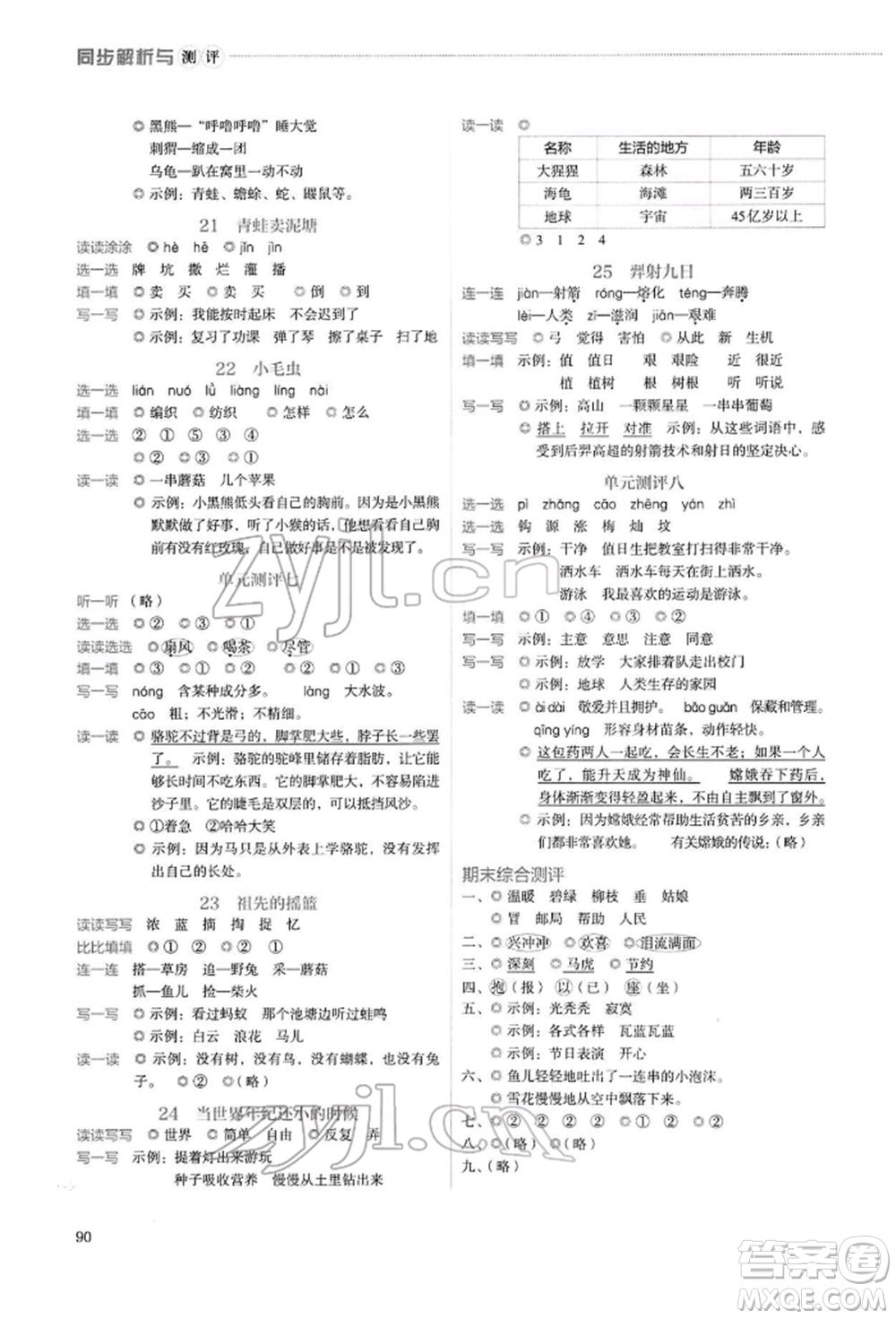 人民教育出版社2022同步解析與測(cè)評(píng)二年級(jí)下冊(cè)語文人教版山西專版參考答案