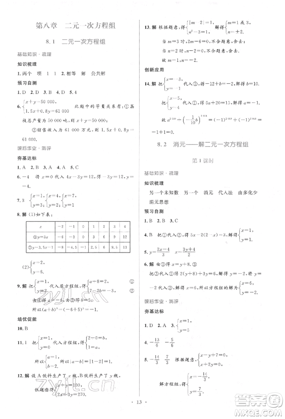 人民教育出版社2022同步解析與測評學(xué)考練七年級下冊數(shù)學(xué)人教版參考答案
