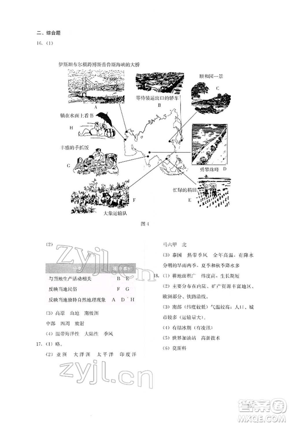 人民教育出版社2022同步解析與測評(píng)七年級(jí)下冊(cè)地理人教版參考答案