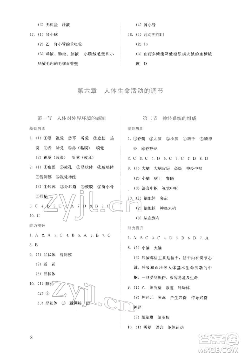 人民教育出版社2022同步解析與測(cè)評(píng)七年級(jí)下冊(cè)生物人教版山西專(zhuān)版參考答案