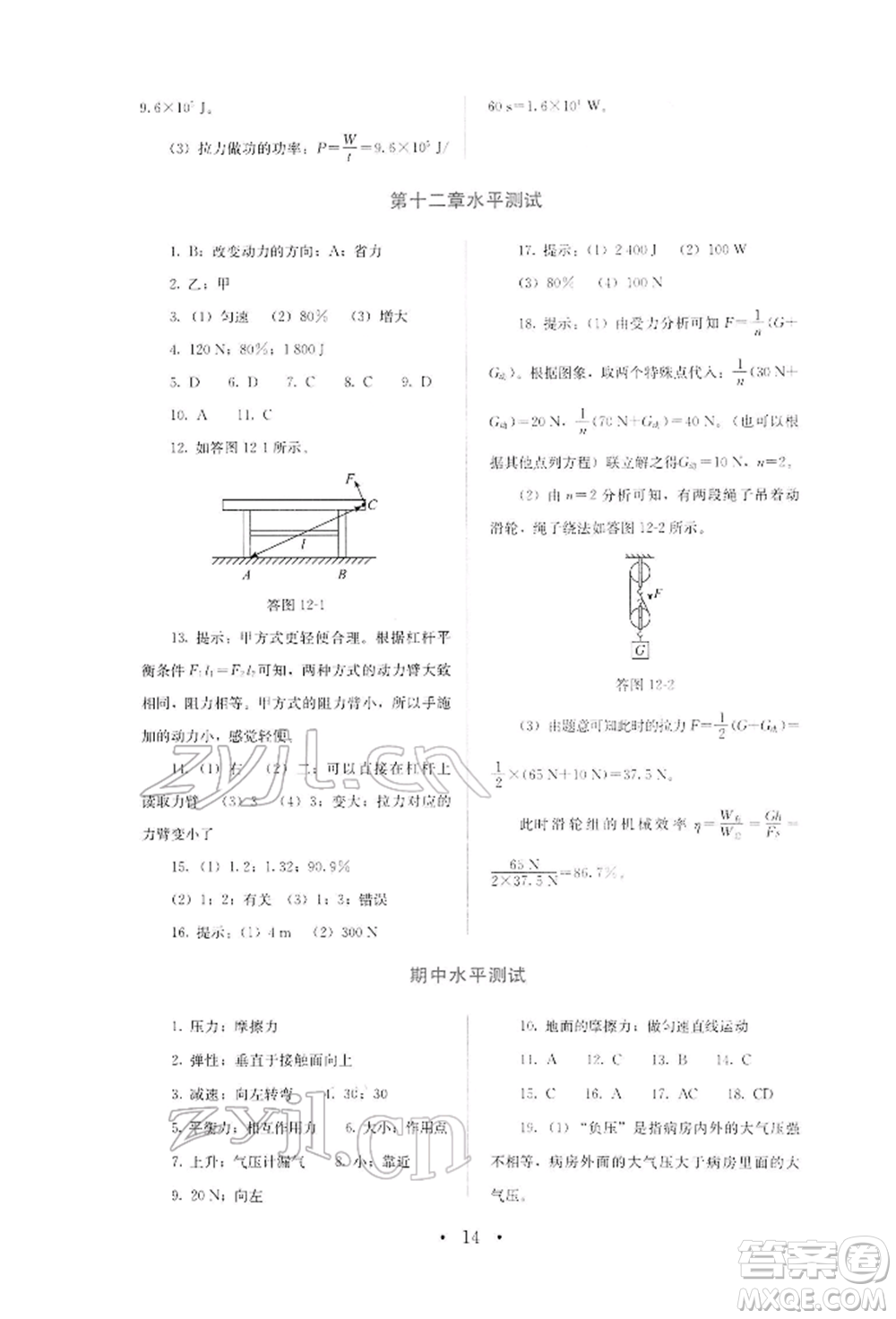 人民教育出版社2022同步解析與測(cè)評(píng)八年級(jí)下冊(cè)物理人教版山西專版參考答案