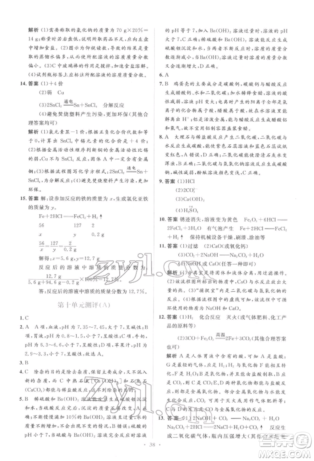 人民教育出版社2022同步解析與測評(píng)學(xué)考練九年級(jí)下冊化學(xué)人教版參考答案