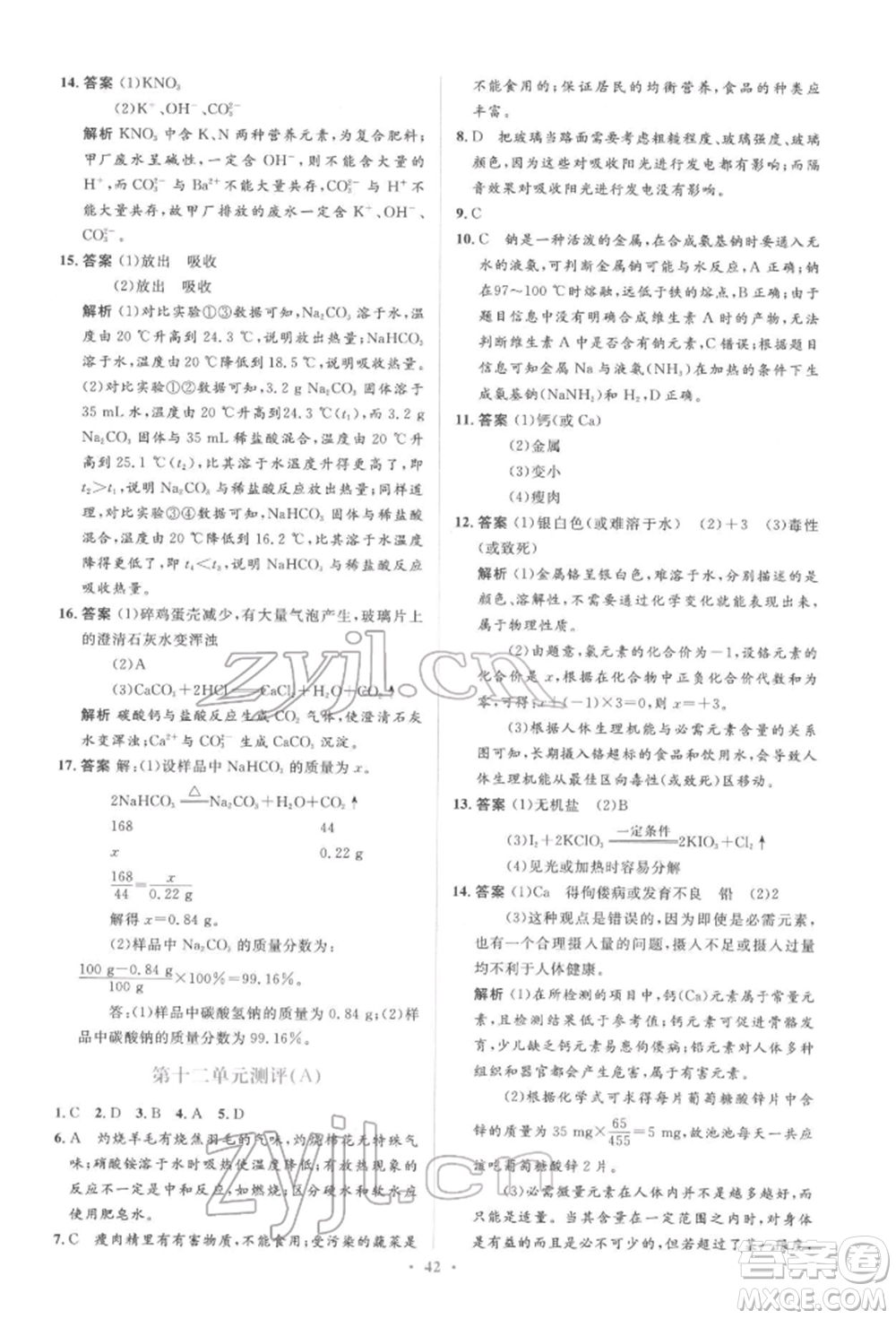 人民教育出版社2022同步解析與測評(píng)學(xué)考練九年級(jí)下冊化學(xué)人教版參考答案