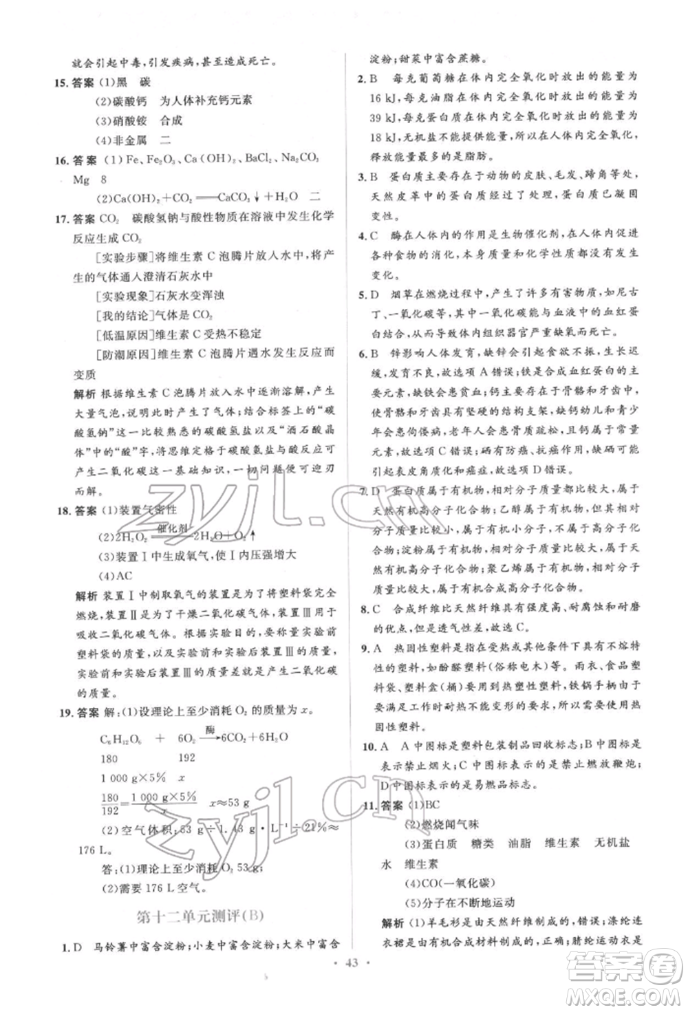 人民教育出版社2022同步解析與測評(píng)學(xué)考練九年級(jí)下冊化學(xué)人教版參考答案