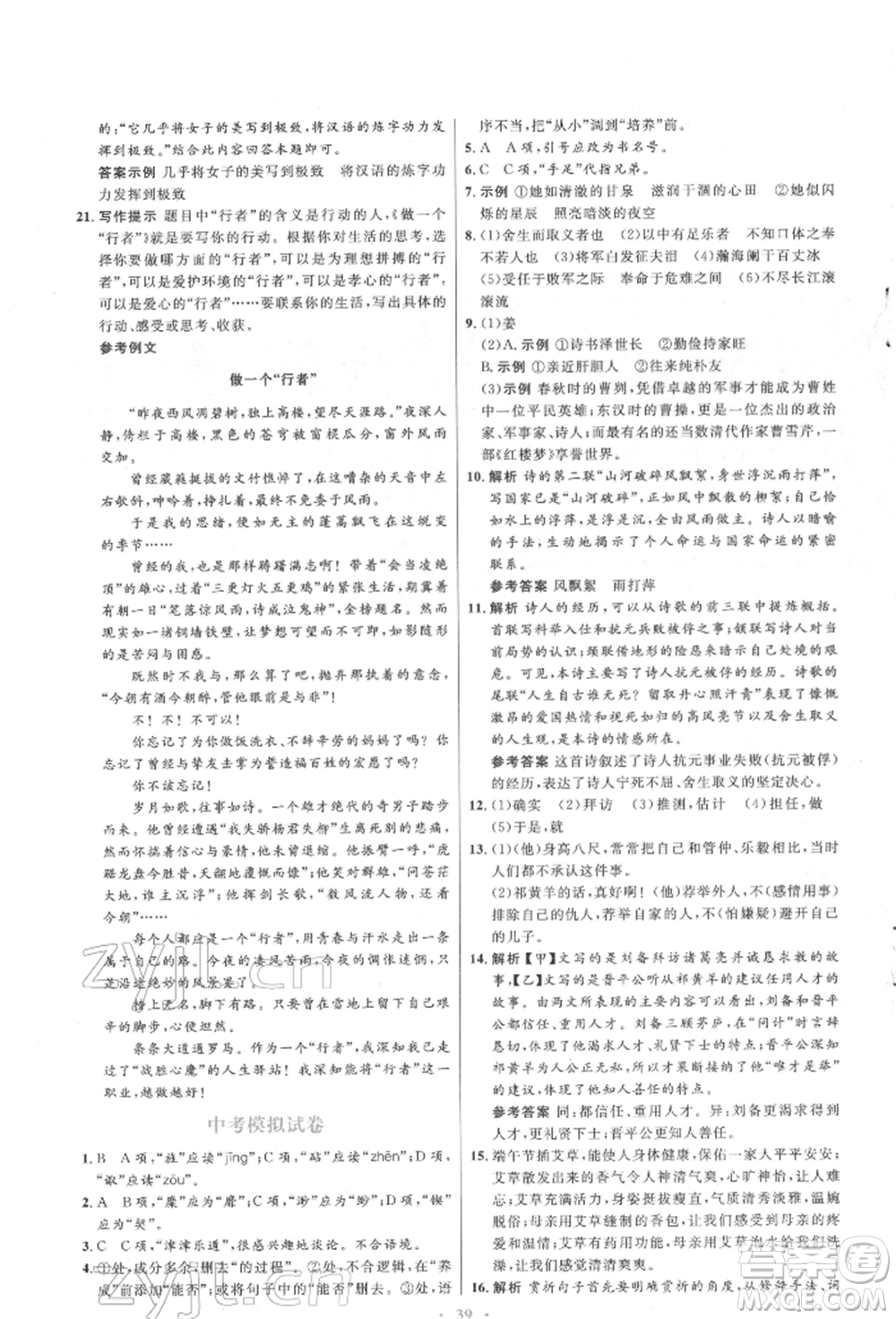 人民教育出版社2022同步解析與測評學考練九年級下冊語文人教版參考答案