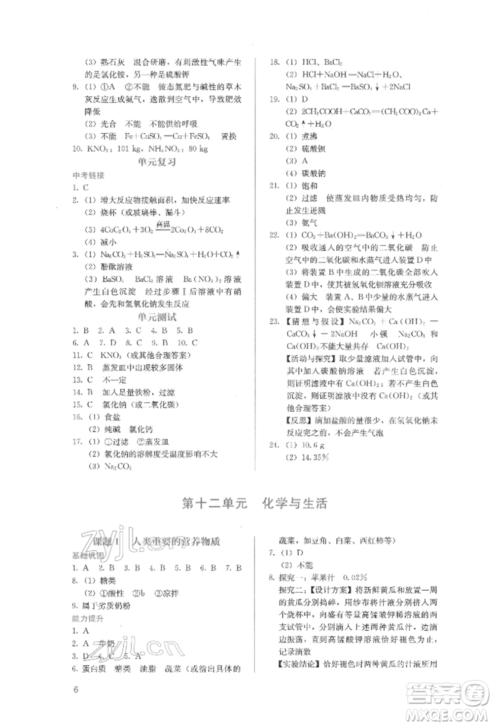 人民教育出版社2022同步解析與測(cè)評(píng)九年級(jí)下冊(cè)化學(xué)人教版山西專版參考答案