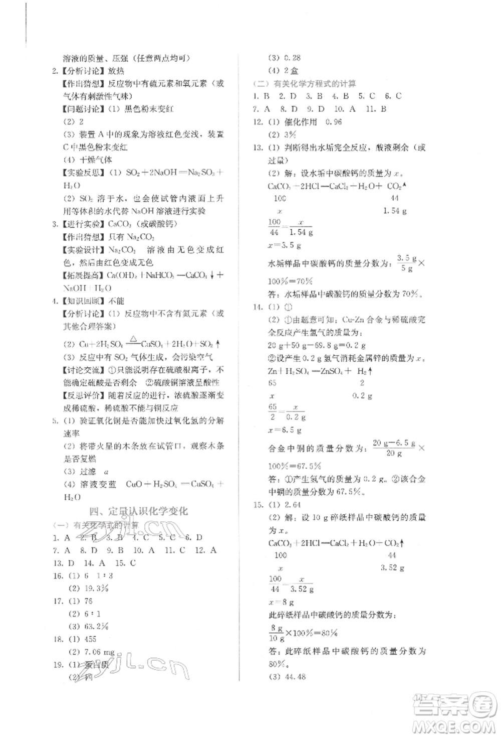 人民教育出版社2022同步解析與測(cè)評(píng)九年級(jí)下冊(cè)化學(xué)人教版山西專版參考答案