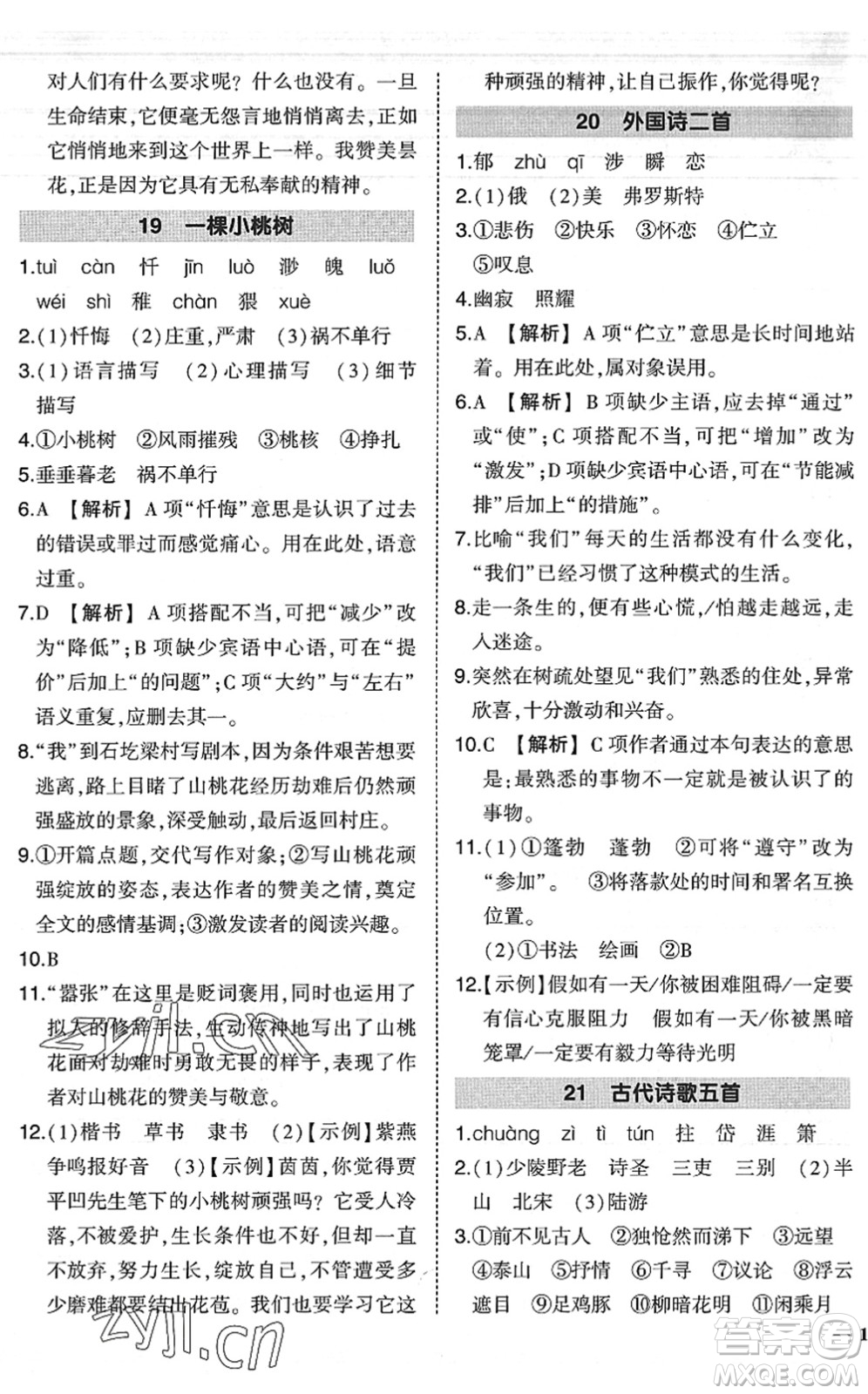 吉林教育出版社2022狀元成才路創(chuàng)優(yōu)作業(yè)七年級(jí)語(yǔ)文下冊(cè)R人教版六盤(pán)水專用答案
