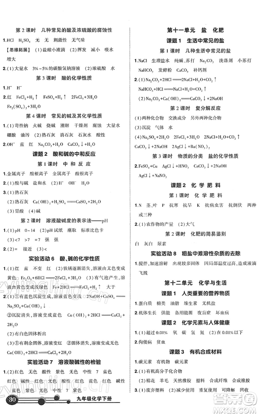 武漢出版社2022狀元成才路創(chuàng)優(yōu)作業(yè)九年級(jí)化學(xué)下冊(cè)R人教版答案