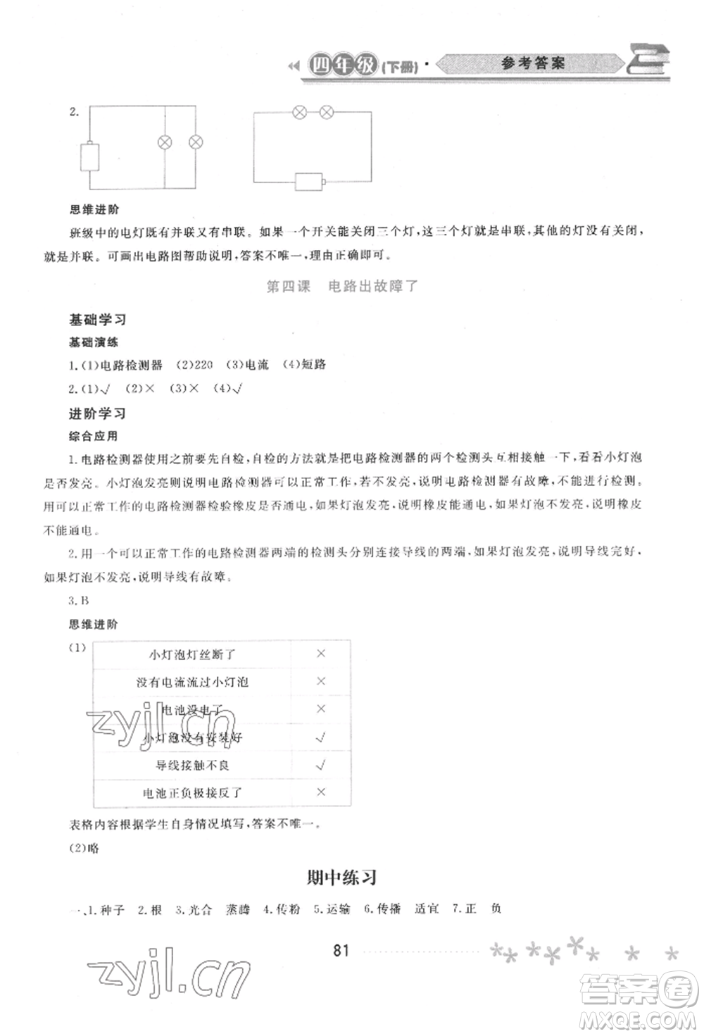 黑龍江教育出版社2022資源與評價四年級下冊科學教科版參考答案