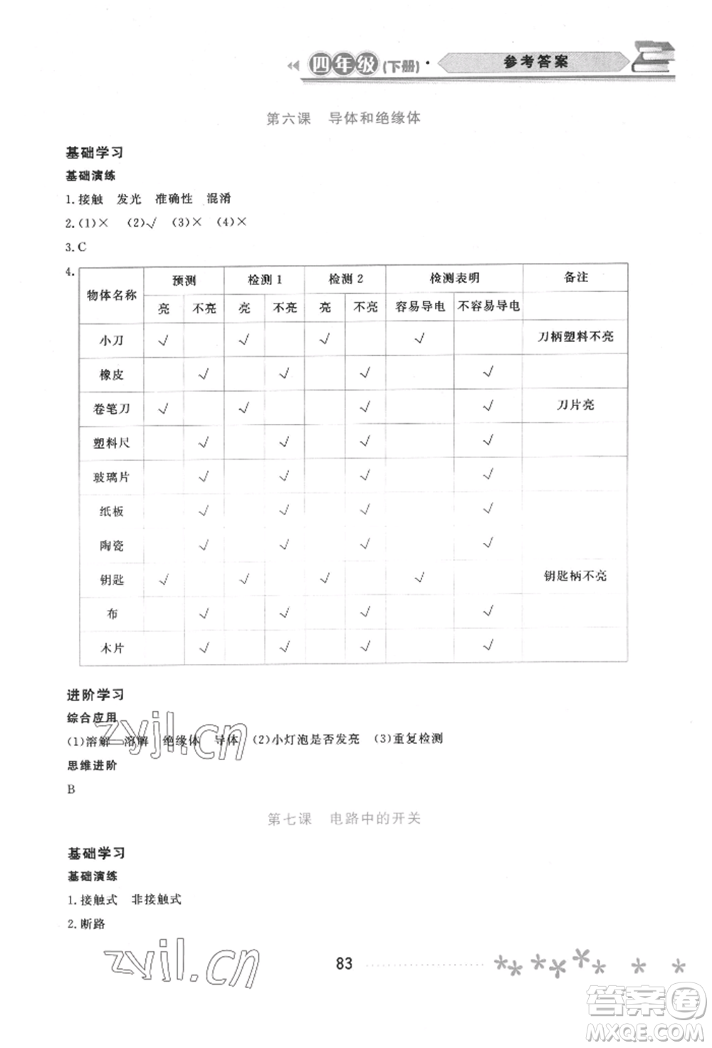 黑龍江教育出版社2022資源與評價四年級下冊科學教科版參考答案