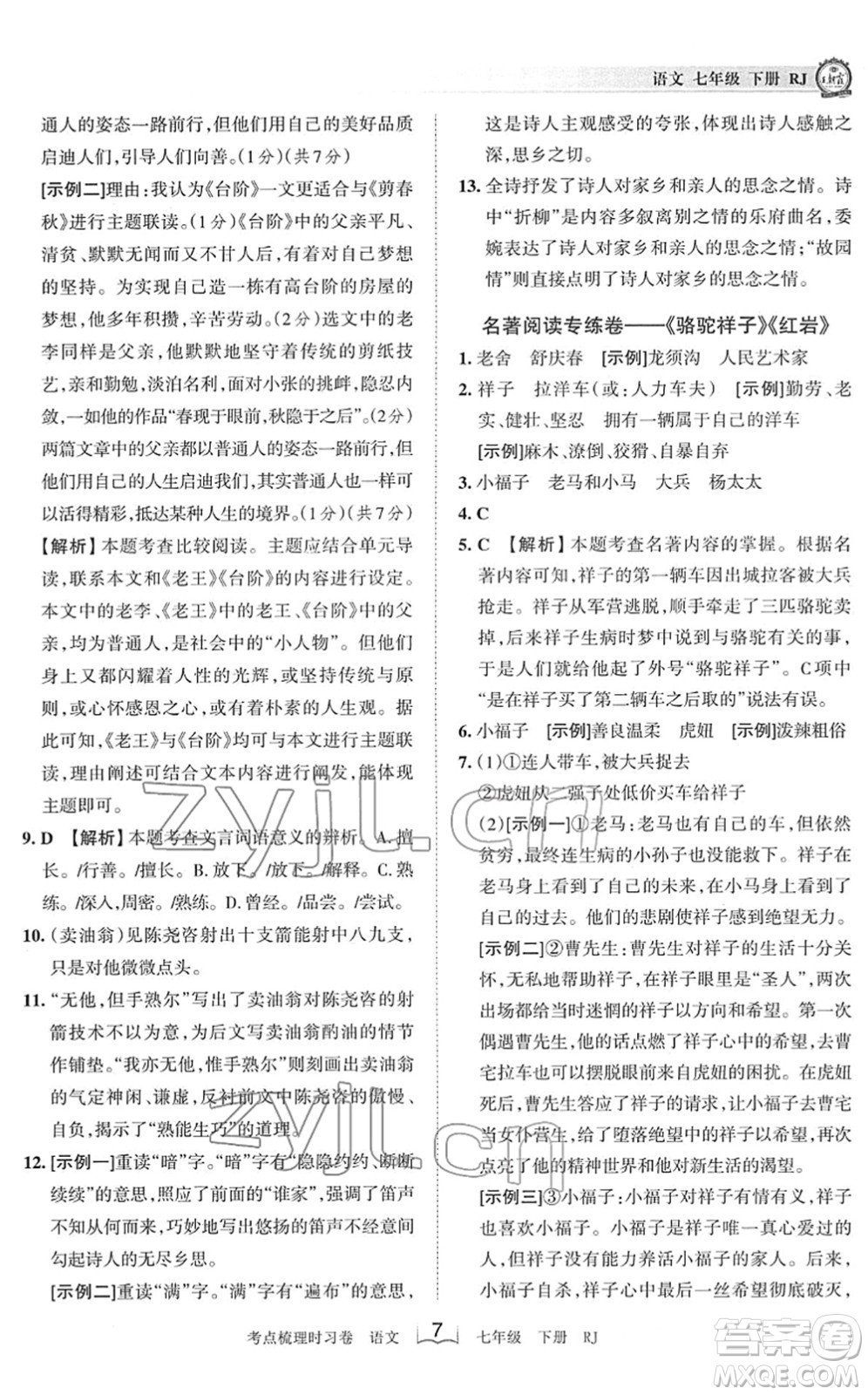 江西人民出版社2022王朝霞考點(diǎn)梳理時(shí)習(xí)卷七年級(jí)語文下冊(cè)RJ人教版答案