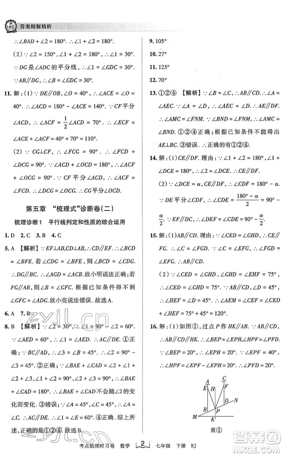 江西人民出版社2022王朝霞考點梳理時習(xí)卷七年級數(shù)學(xué)下冊RJ人教版答案