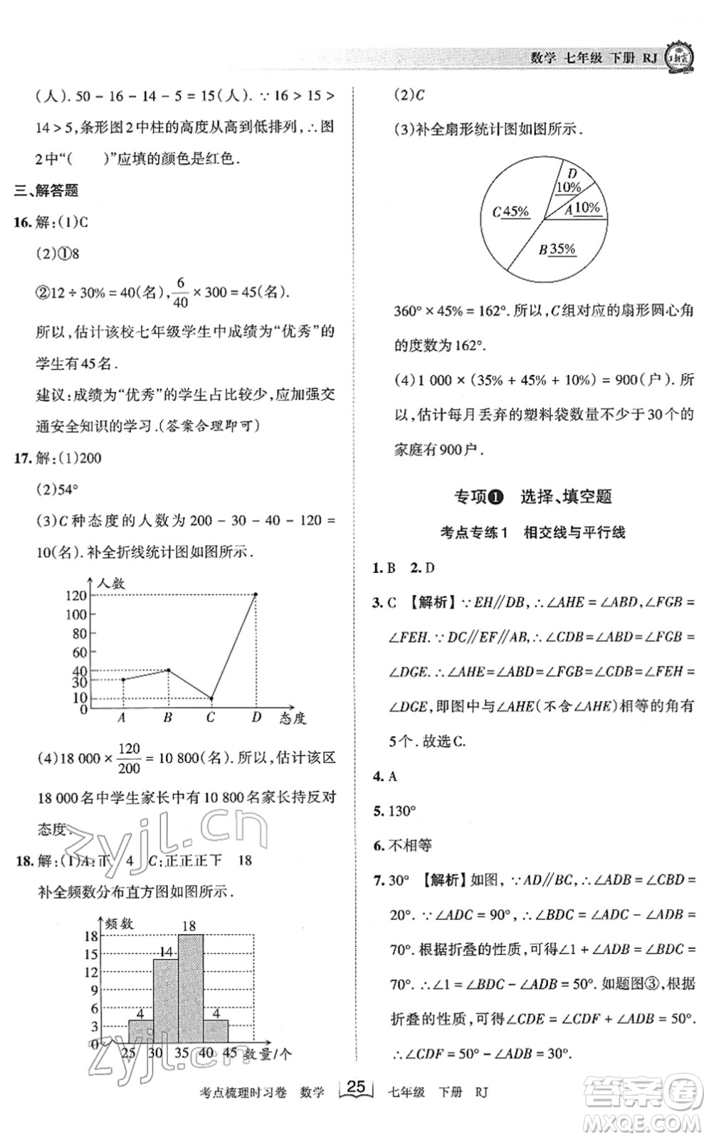 江西人民出版社2022王朝霞考點梳理時習(xí)卷七年級數(shù)學(xué)下冊RJ人教版答案