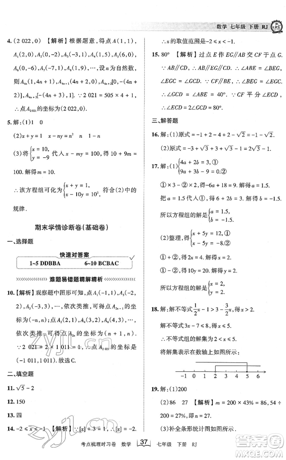 江西人民出版社2022王朝霞考點梳理時習(xí)卷七年級數(shù)學(xué)下冊RJ人教版答案